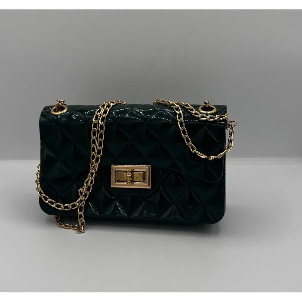 Crossbody Bag Women Small Dark Green Quilted Jelly Gold Chain‎ Retro